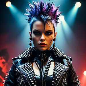 Edgy Woman with Spiked Blue-Purple Hair in Leather Jacket