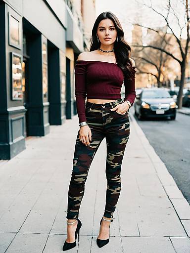 Edgy Woman Wearing Burgundy Off-the-Shoulder Top and Camouflage Pants in Urban Street Style
