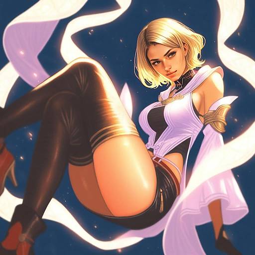 Anime Style Portrait of Blonde Woman in Fantasy Outfit with Thigh-High Boots