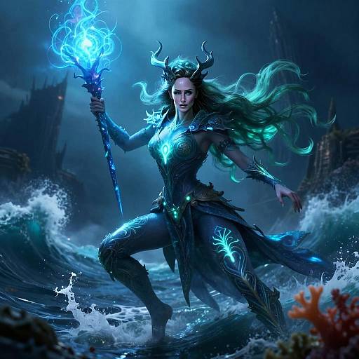 Fantasy Warrior Woman with Glowing Staff Amid Ocean Waves