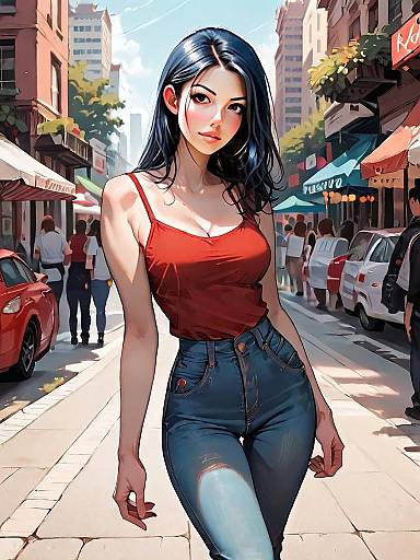 Realistic Comic Style Full Body Illustration of Woman in Casual Outfit on City Street