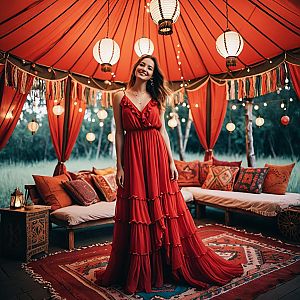 Smiling woman in red dress under decorated tent