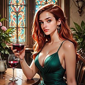 Elegant Woman with Red Hair and Wine in Warm Room