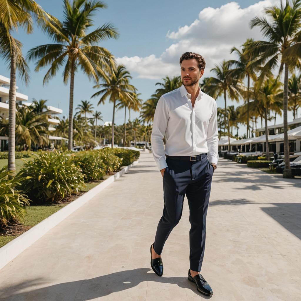 Stylish man in white shirt and blue trousers on sunlit path