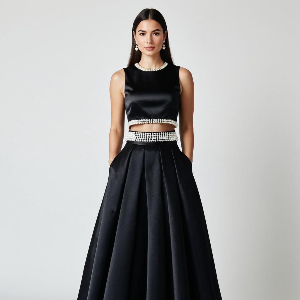 Elegant Black Satin Two-Piece Evening Gown with Pearl Details