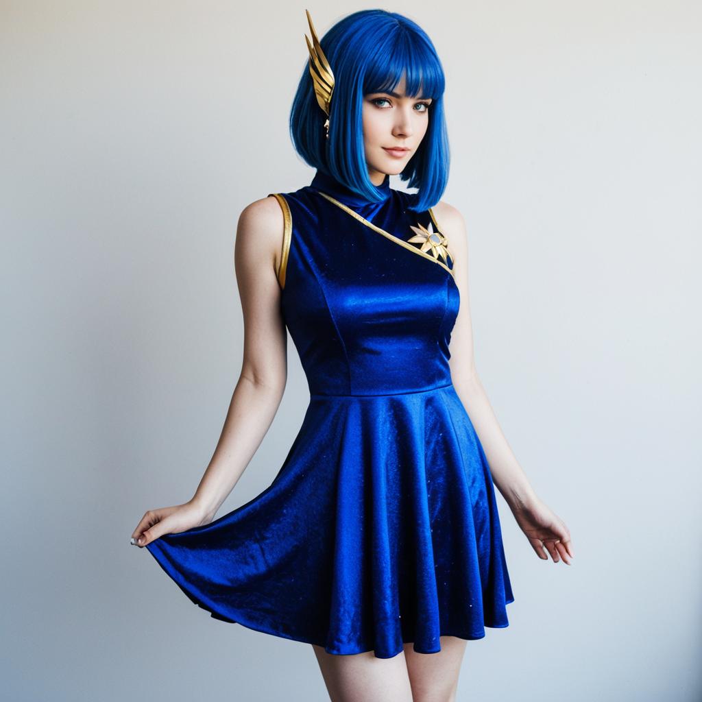 Woman in Royal Blue Dress with Gold Accents and Blue Bob Hairstyle