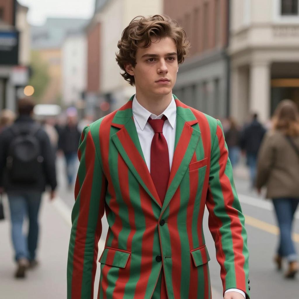 Young Man in Green and Red Striped Suit Walking Downtown
