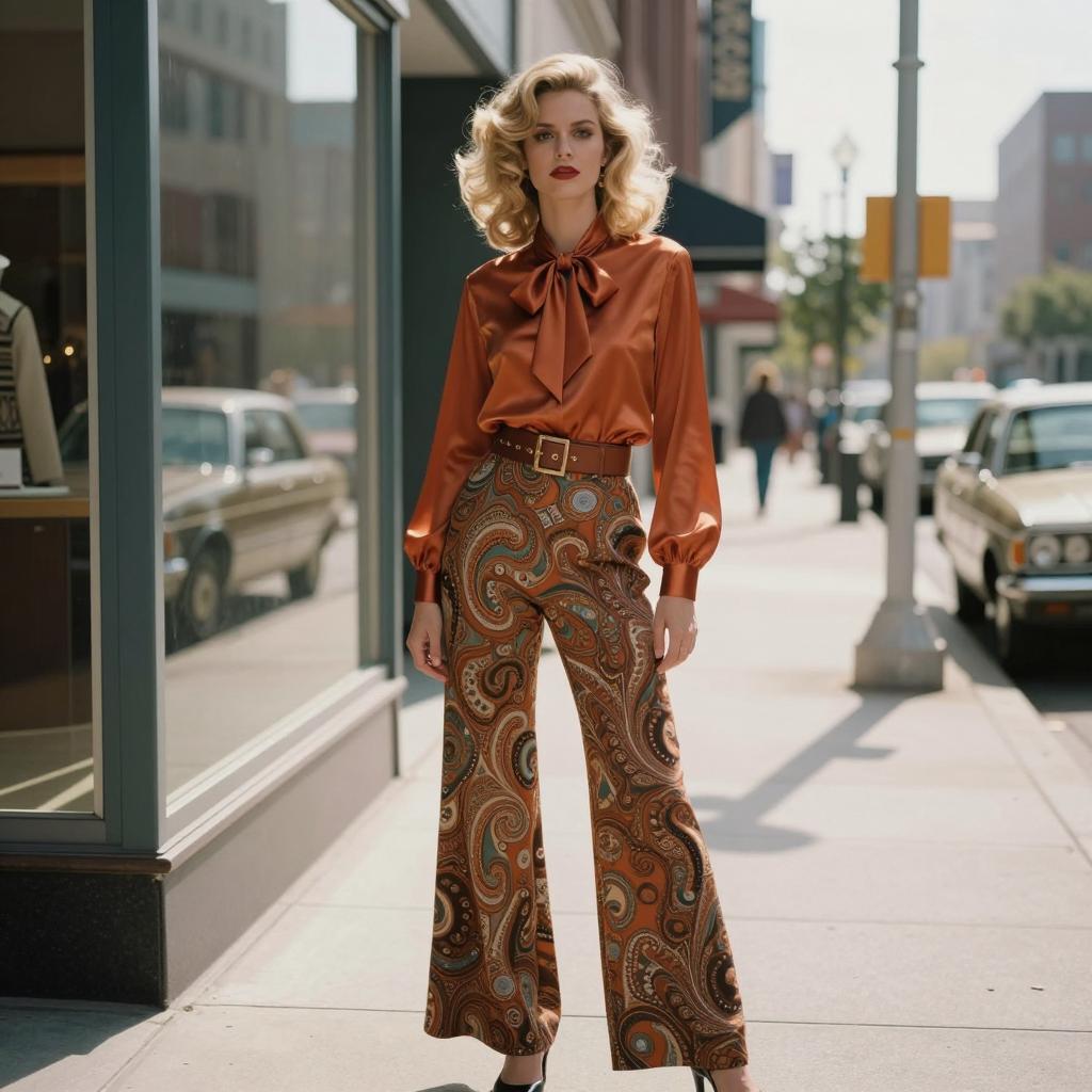 Retro 1970s Style Woman in Paisley Pants and Silk Blouse on City Street