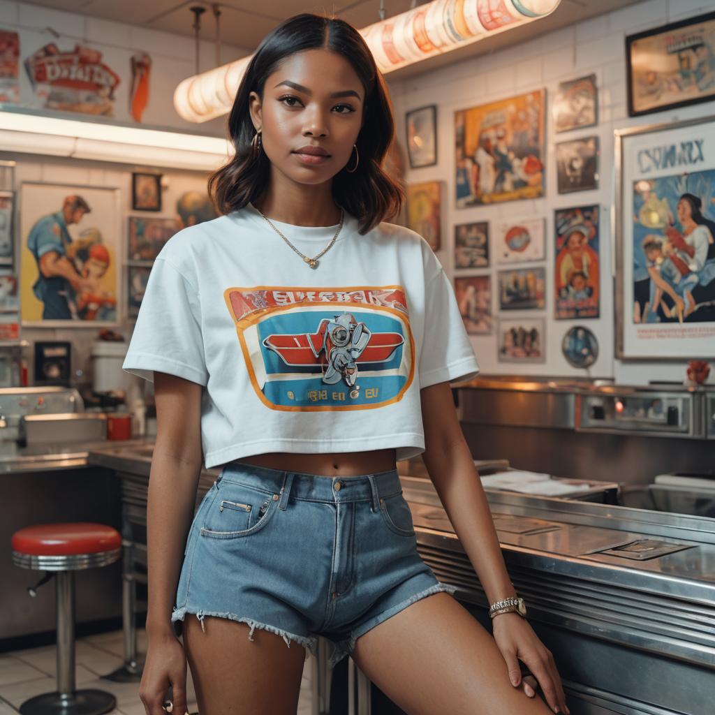 Young Woman in Retro Diner Wearing Cropped T-Shirt and Denim Shorts