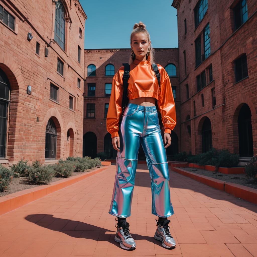 Fashionable Woman Wearing Metallic Pants and Orange Cropped Jacket in Urban Alley