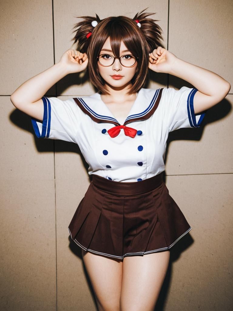 Araki Hina Japanese Schoolgirl Uniform Cosplay with Glasses and Twin Ponytails