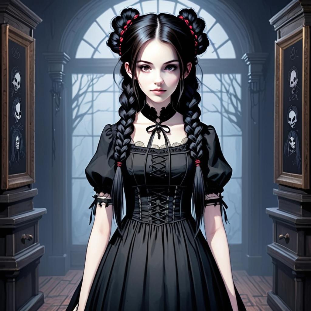 Gothic Woman in Dimly Lit Room