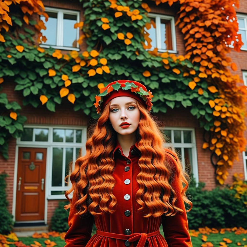 Confident Woman with Red Hair in Autumn Foliage