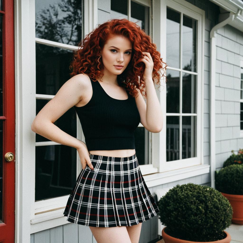 Young Woman with Curly Red Hair Wearing Plaid Skirt and Black Crop Top Outdoors