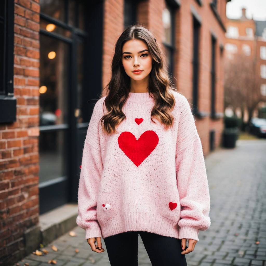 Confident Young Woman in Pink Sweater with Heart