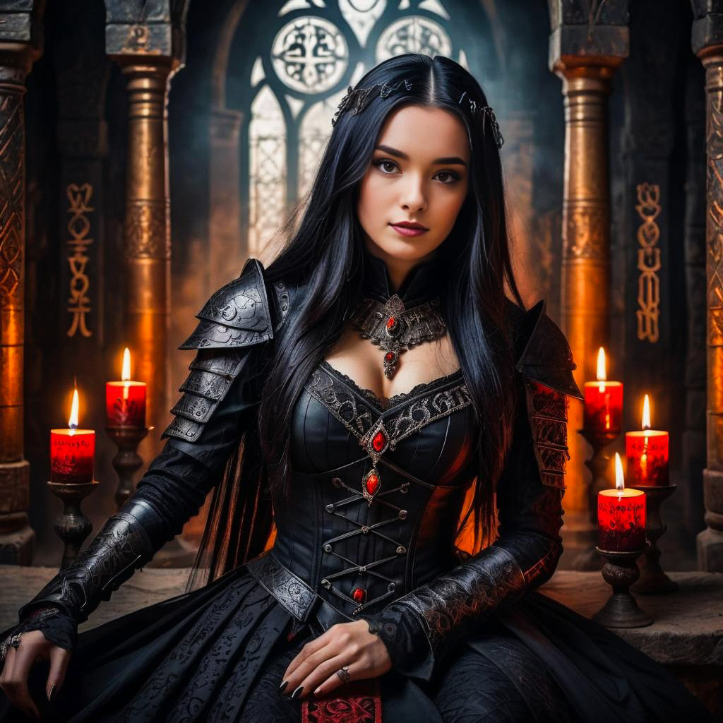 Woman in Gothic Armor with Red Gemstones in Dark Fantasy Setting