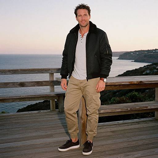 Casual Man in Bomber Jacket on Coastal Deck Overlooking Sea