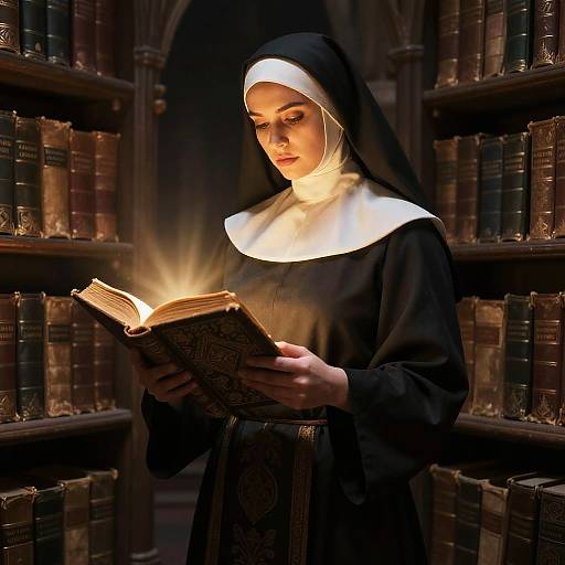 Nun Reading Glowing Ancient Book in Historic Library
