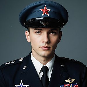 Young Man in Military Uniform with Red Star