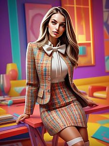 Stylish Young Woman in Retro Plaid Suit