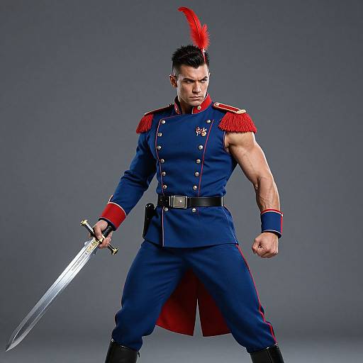 Man in Blue and Red Military-Style Uniform Holding Sword