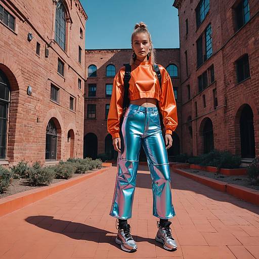 Fashionable Woman Wearing Metallic Pants and Orange Cropped Jacket in Urban Alley