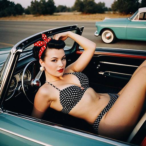 Retro Pin-Up Woman in Polka Dot Bikini Posing in Classic Convertible Car