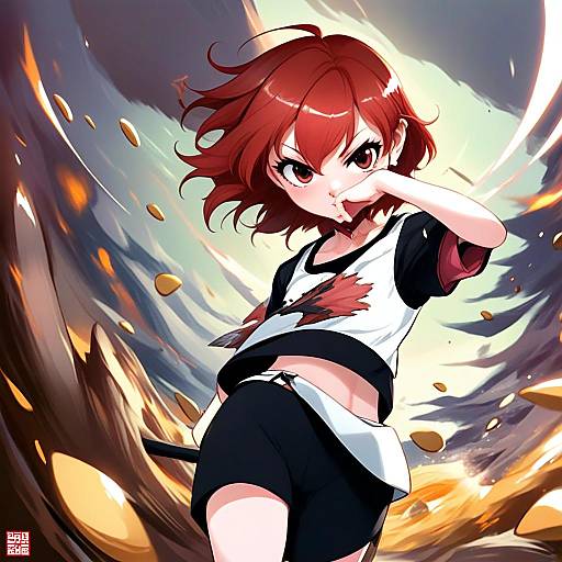 Murakami Tomoe Fierce Anime Girl with Red Hair in Dynamic Action Pose