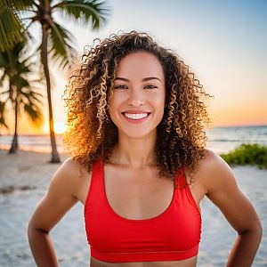 Smiling Woman on Beach at Sunset