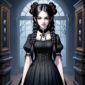 Gothic Woman in Dimly Lit Room