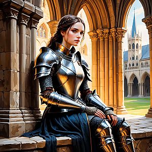 Woman in Medieval Armor in Gothic Corridor