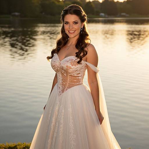 Elegant Bride in Lace Wedding Gown by Lakeside at Golden Hour