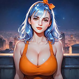 Woman with Blue Hair in Cityscape