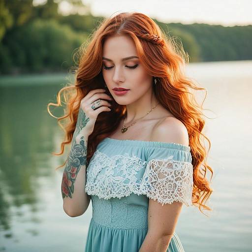 Red-Haired Woman in Lace Off-Shoulder Dress by Lake with Tattoo
