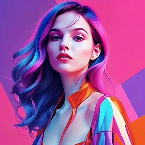 Vibrant Digital Portrait of a Woman with Blue and Pink Hair