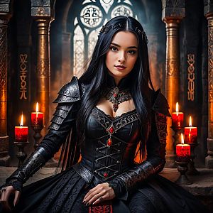 Woman in Gothic Armor with Red Gemstones in Dark Fantasy Setting