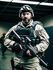 Man in Tactical Gear with Assault Rifle
