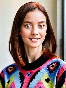 Vibrant Portrait of a Smiling Woman in Colorful Sweater