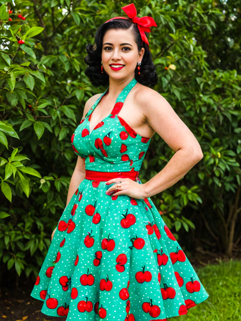 Confident Woman in Vintage Green Dress with Red Cherries