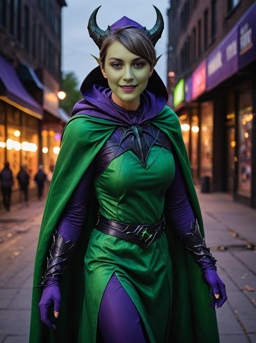 Fantasy Character in Green and Purple Outfit with Cape and Horns