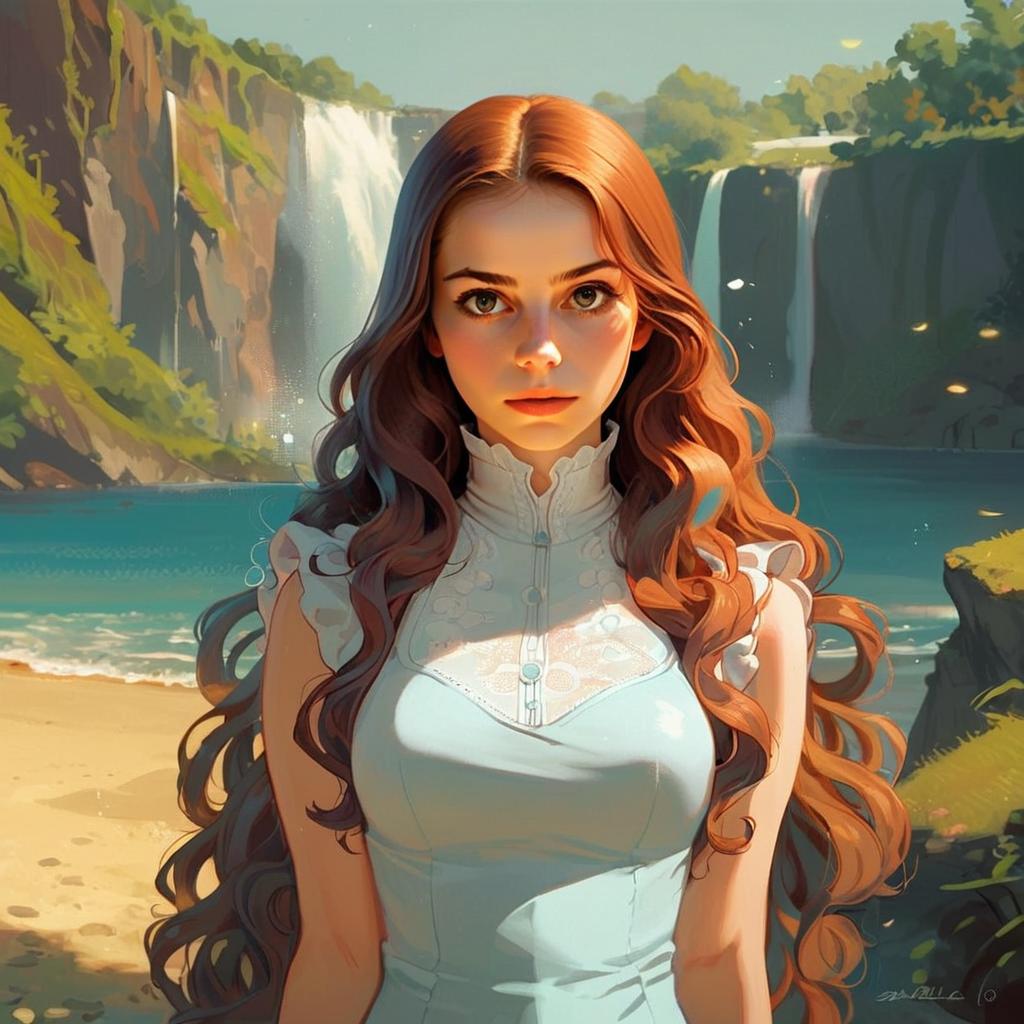 Young Woman by Serene Beach with Waterfalls