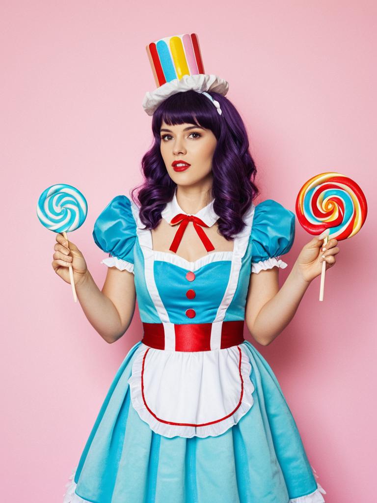 Woman in Candyland Costume Editorial Cosplay Portrait with Pastel Background