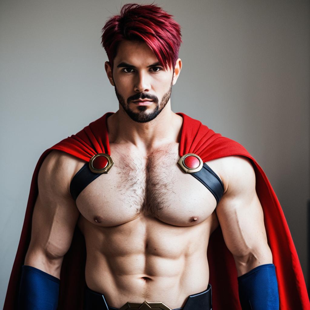Muscular Red-Haired Man in Superhero Costume with Red Cape