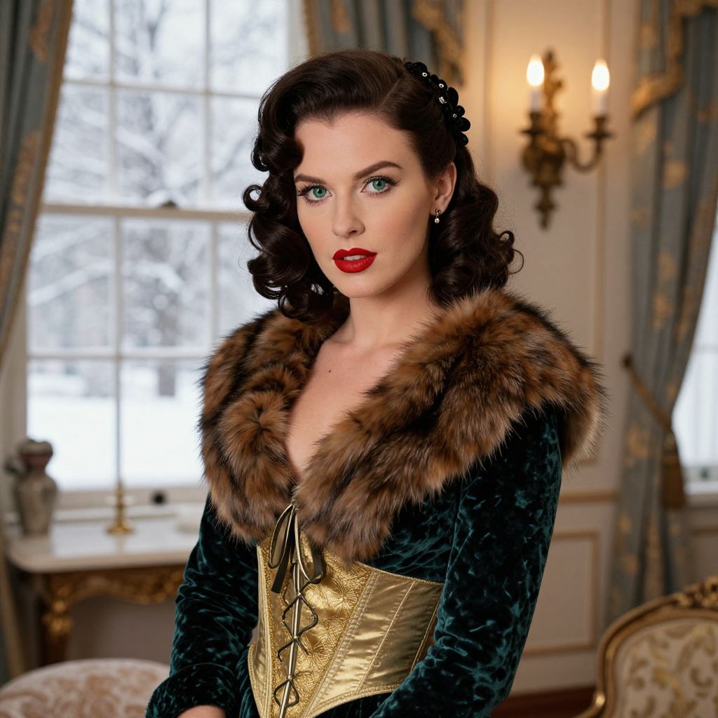 Vintage 1940s Woman in Elegant Fur-Collared Velvet Dress and Gold Corset