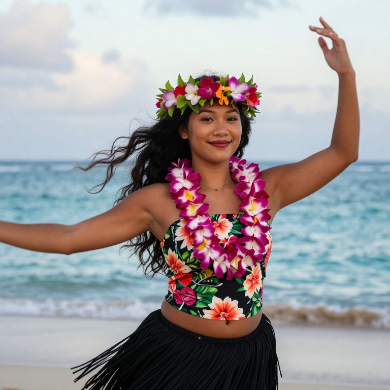 Joyful Hawaiian Woman Dancing with Floral Lei on Beach