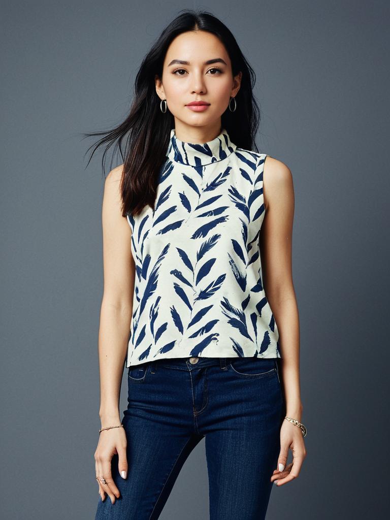 Woman Wearing Casual Sleeveless High Neck Top with Abstract Feather Print