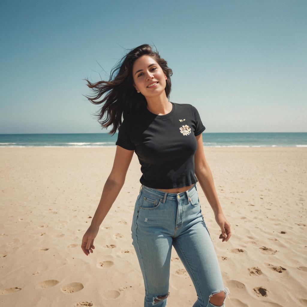 Smiling Woman Walking on Sunny Beach