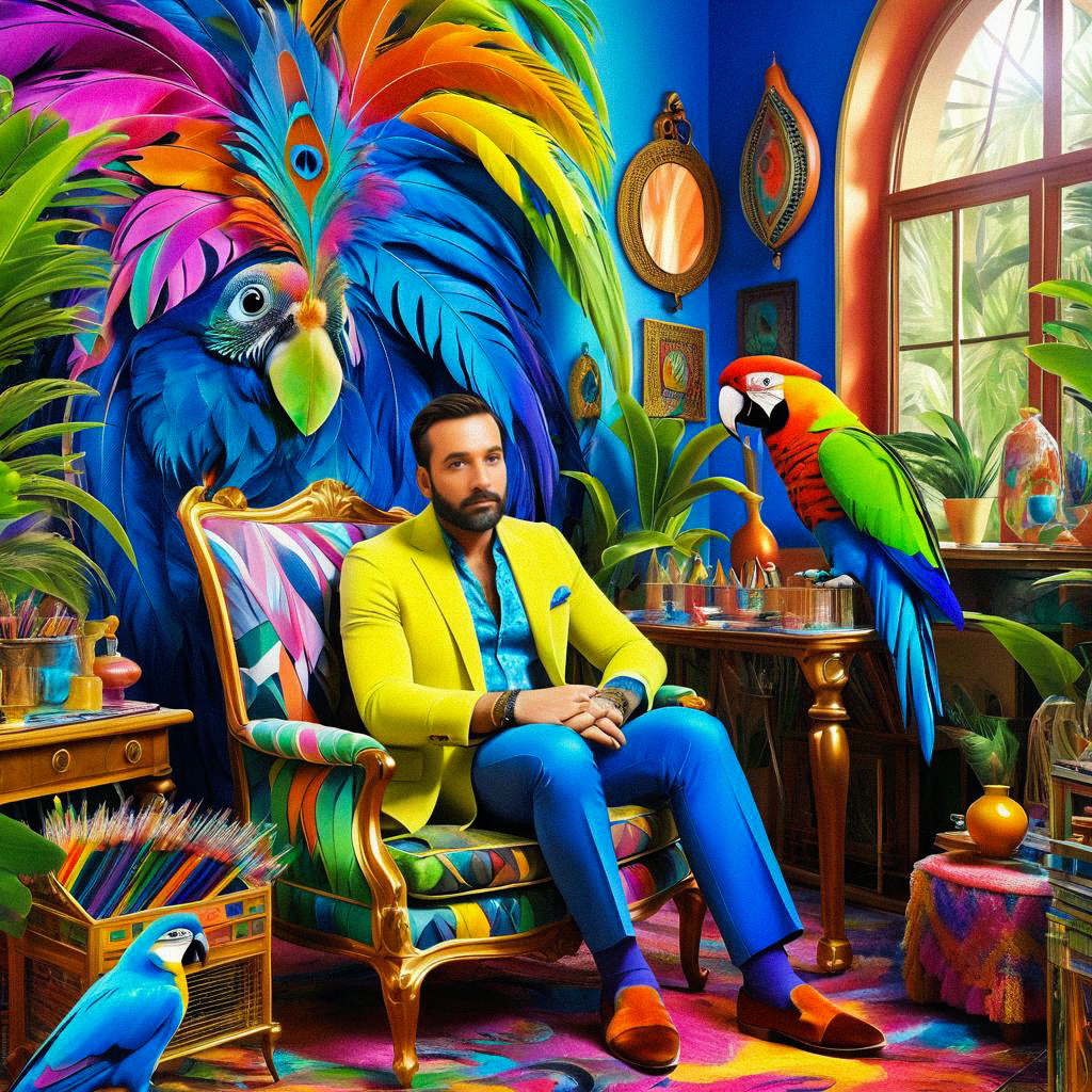 Man in Yellow Suit Surrounded by Tropical Birds