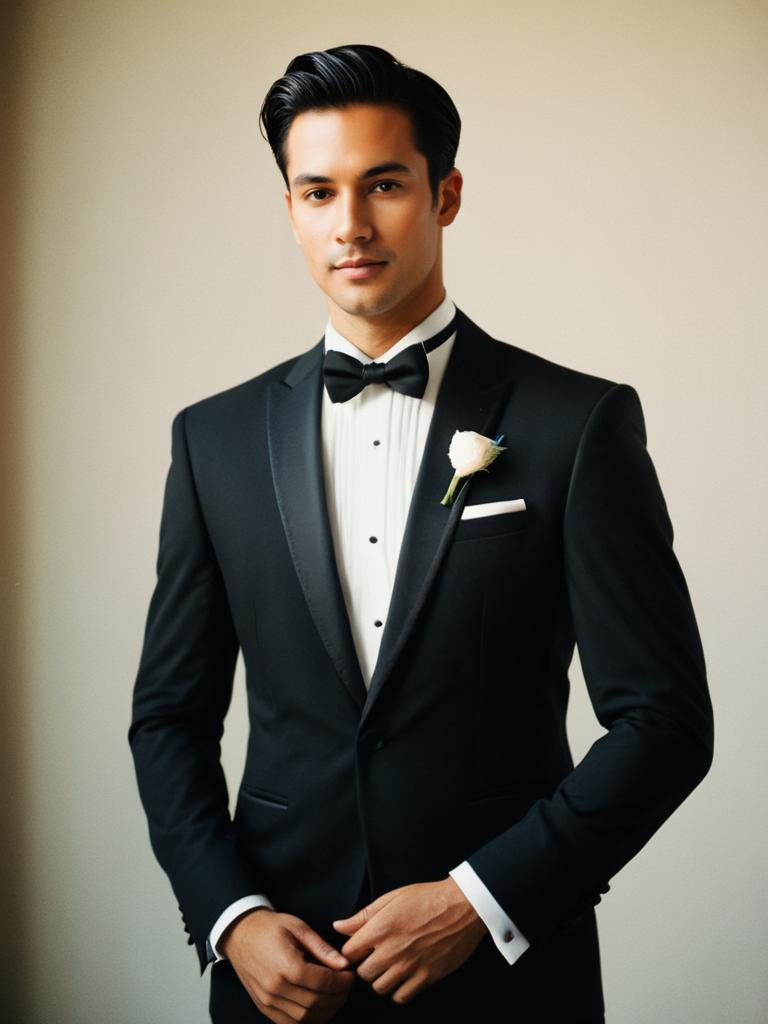 Man in Black Wedding Tuxedo Photorealistic Formal Fashion Portrait