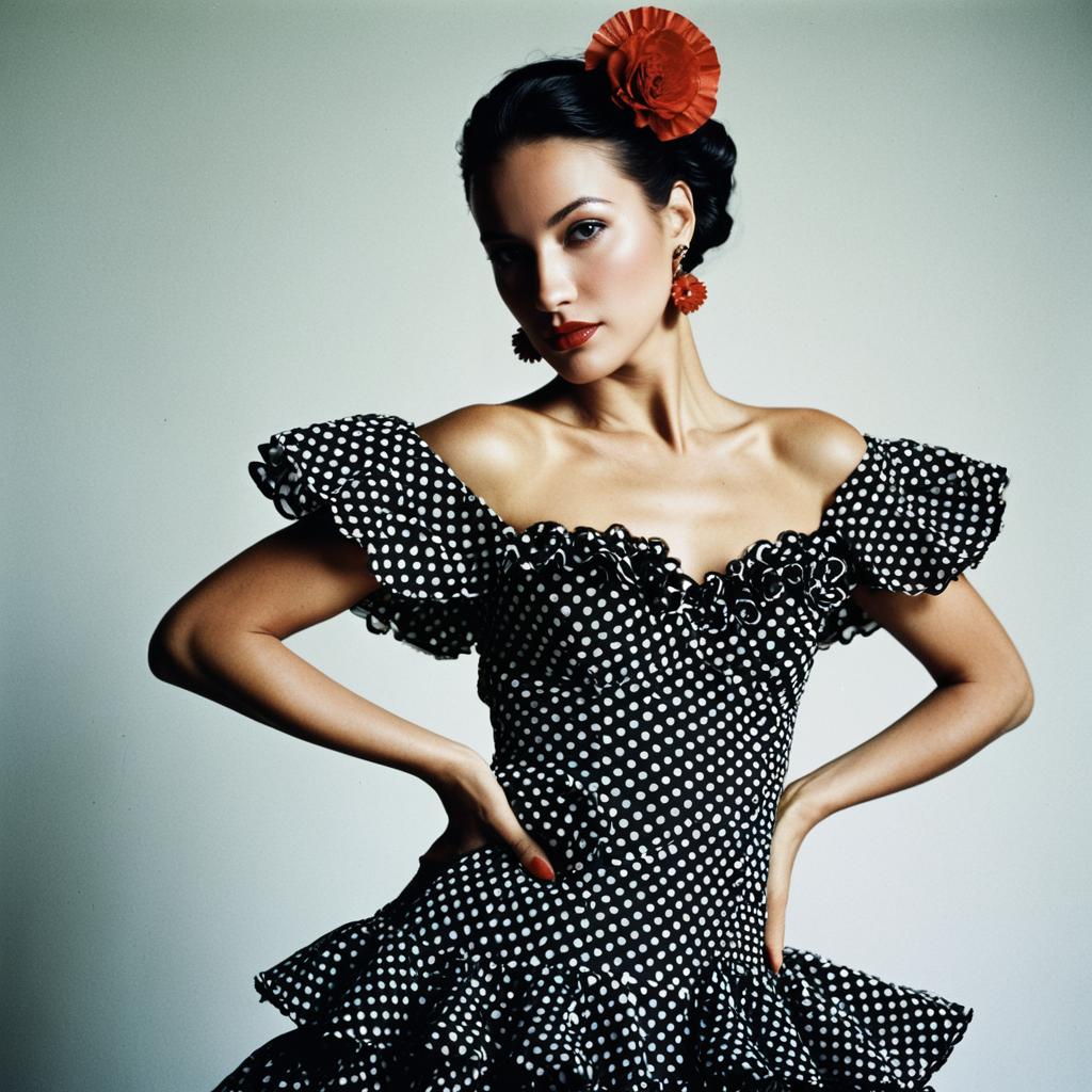 Elegant Woman in Polka Dot Flamenco Dress with Red Floral Accessories